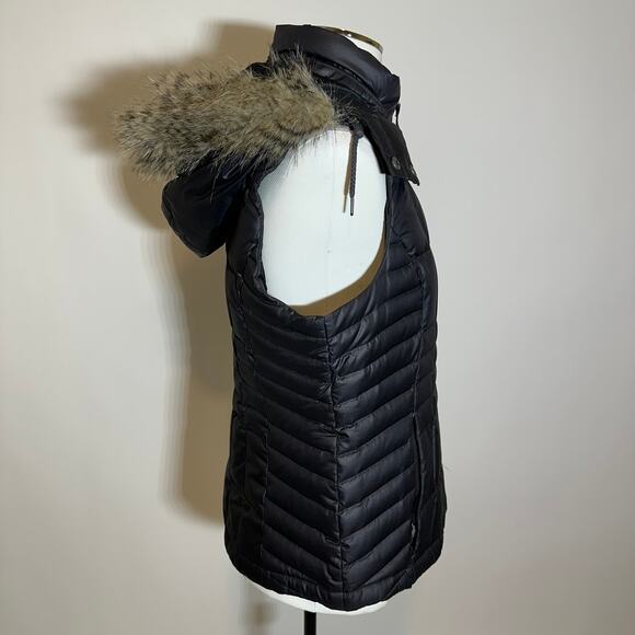 Eddie Bauer Black Faux Fur Trim Hood Goose Down Puffer Vest Womens Size Large L - Picture 2 of 12